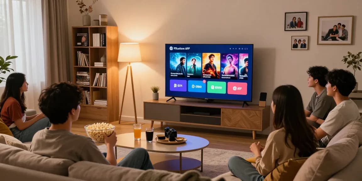 Pikashow APK in use at lively movie night with friends, showcasing user-friendly interface and cozy ambiance.