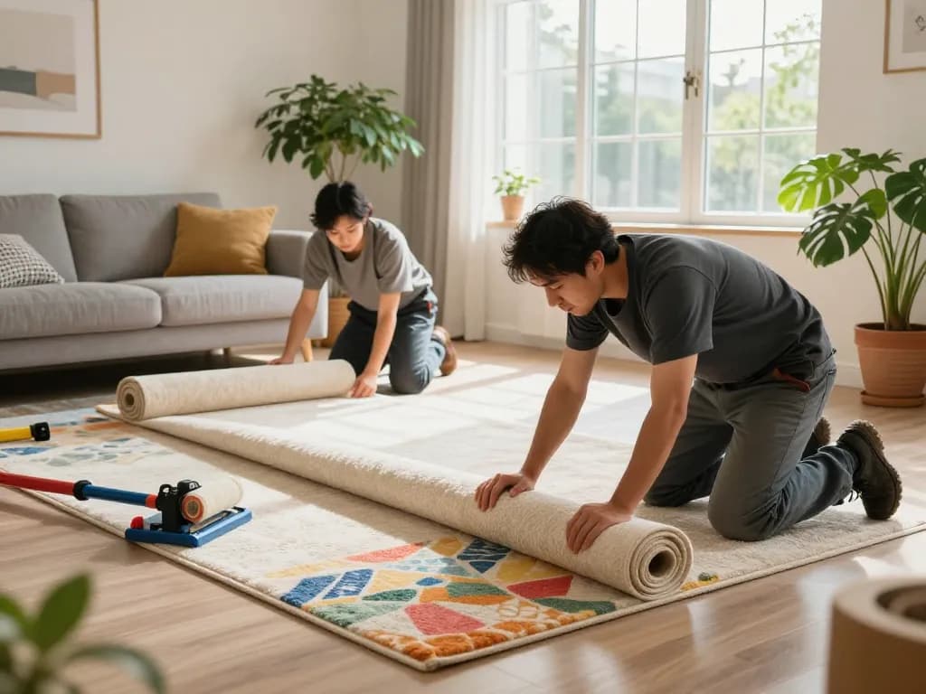 Professional carpet fitters near me laying down plush carpet in a cozy living room, enhancing home comfort.