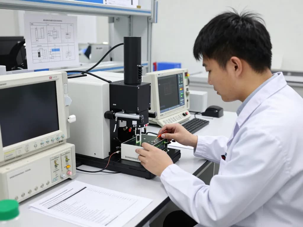 Engineer conducting EMC compliance testing in a high-tech lab, showcasing CE standards.