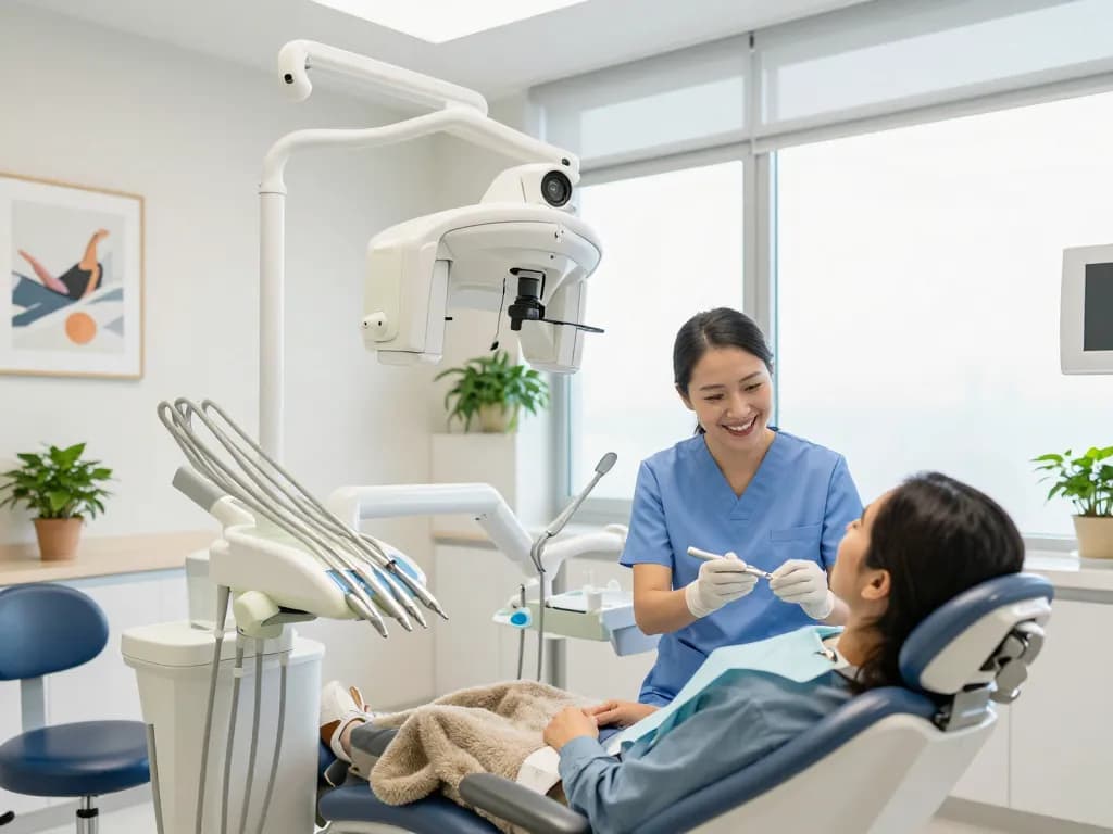Dental clinic with dentist examining patient in a warm, inviting environment filled with advanced equipment.