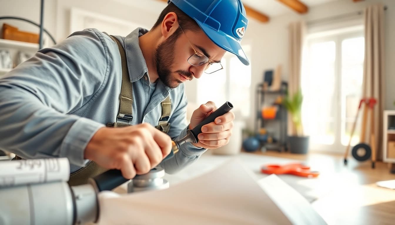 Plumber demonstrating whole house repiping services St Petersburg FL in action with tools in a bright living room.