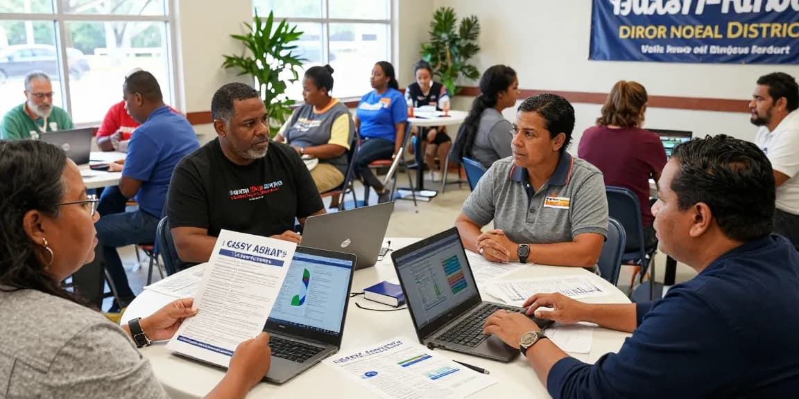 Voters discussing Casey Askar's controversies at a community center during a political campaign.