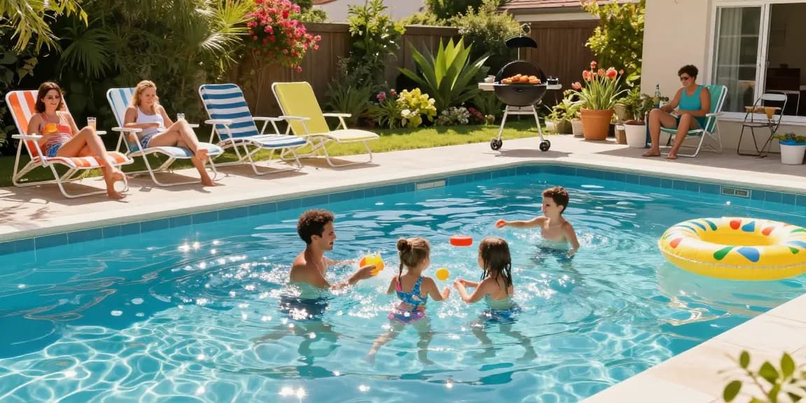 Dolphin Pool Services family enjoying a bright backyard pool day, featuring joyful children playing and relaxing adults.