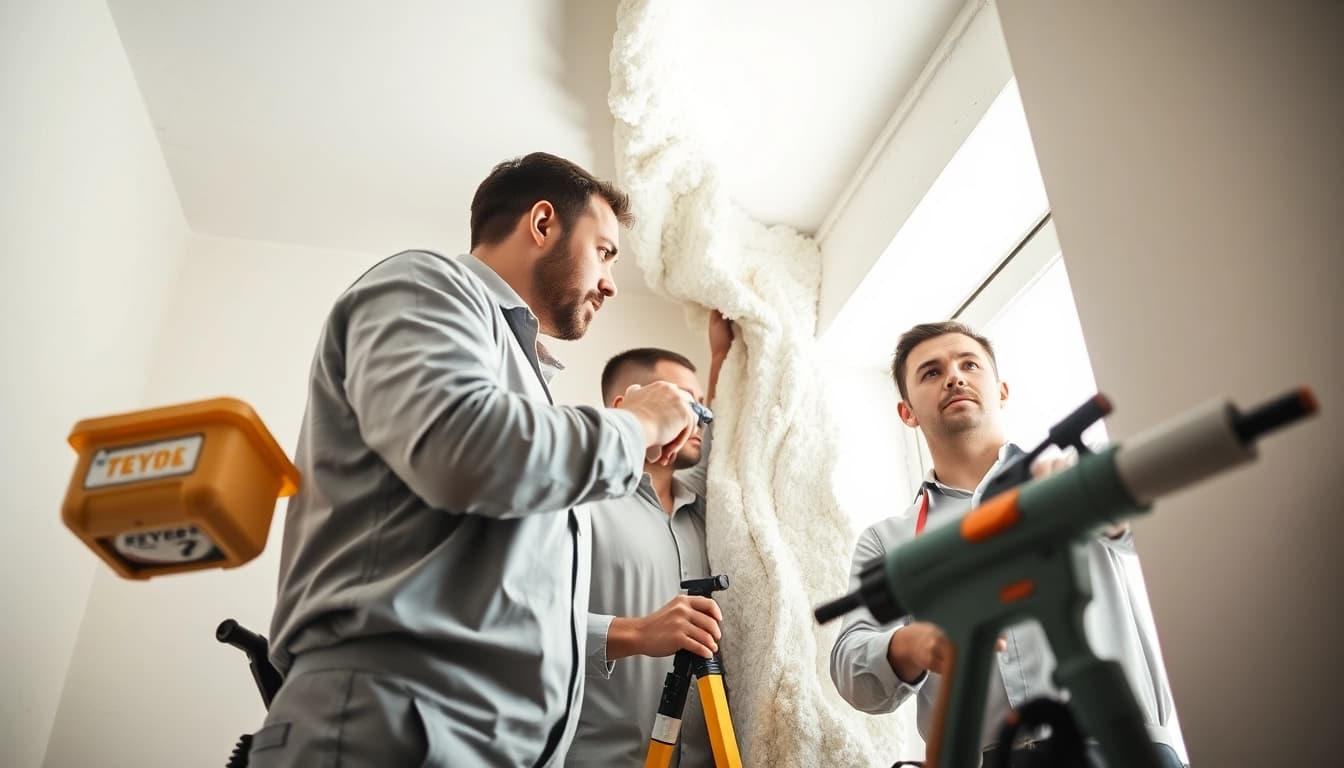Spray foam removal specialists expertly removing insulation from a wall with precision.