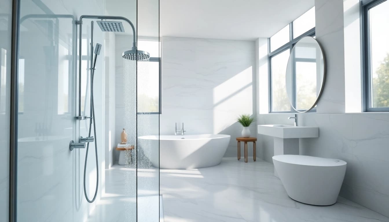 Innovative sonni Duschkabine in a bright and modern bathroom with elegant fixtures.