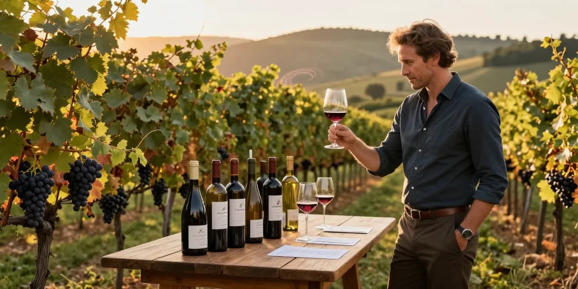 Sommelier evaluating Chatoo wine at a scenic vineyard during sunset.