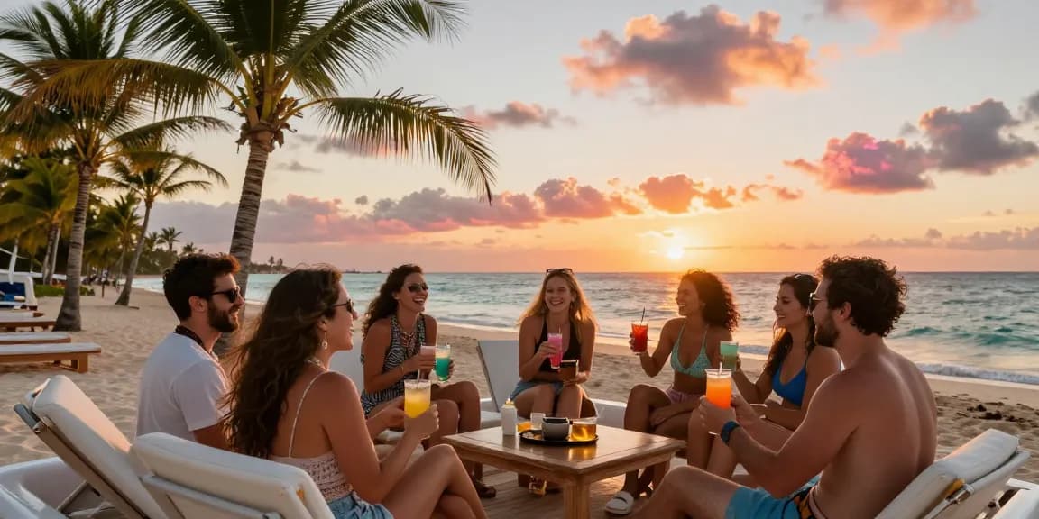 Punta Cana yacht rental experience with friends enjoying drinks on a luxury catamaran during sunset.