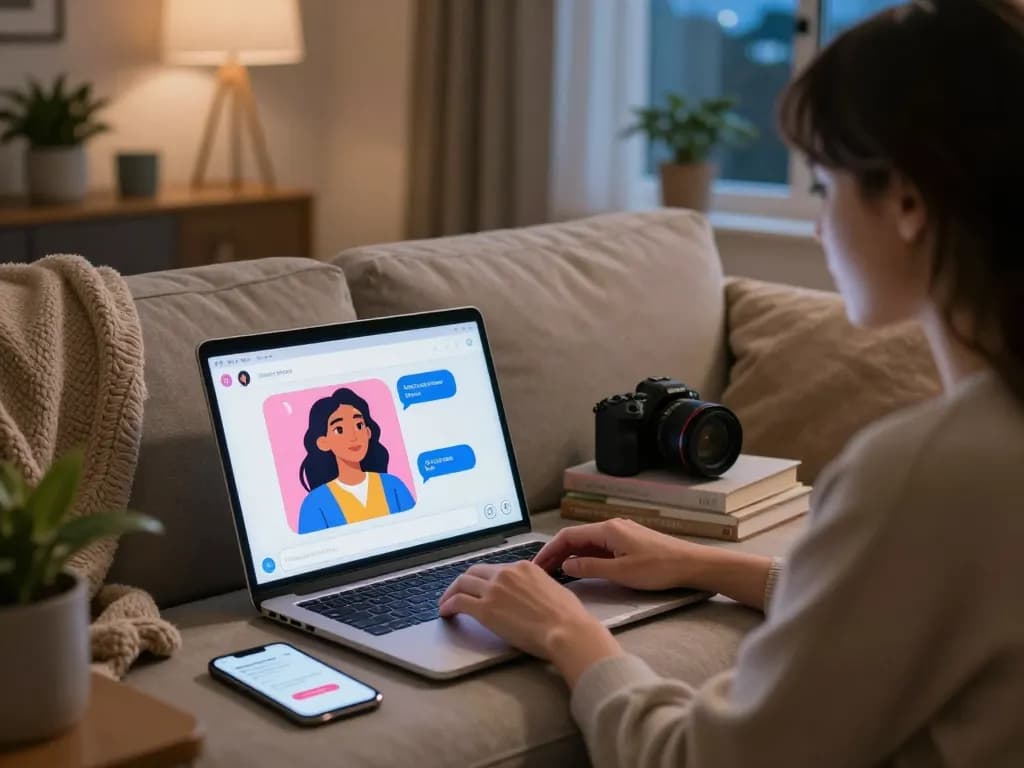 Engaging user interacting with an AI GF on a laptop in a cozy living room.