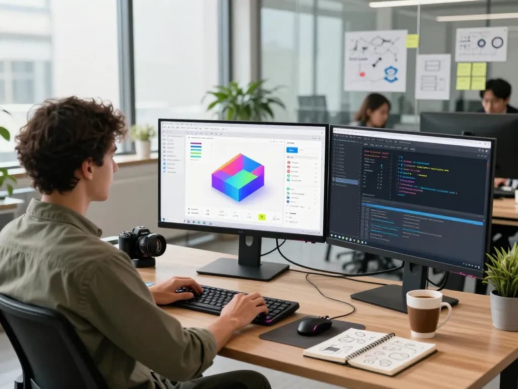 3D product configurator software development scene showcasing innovative technology with engaged team.