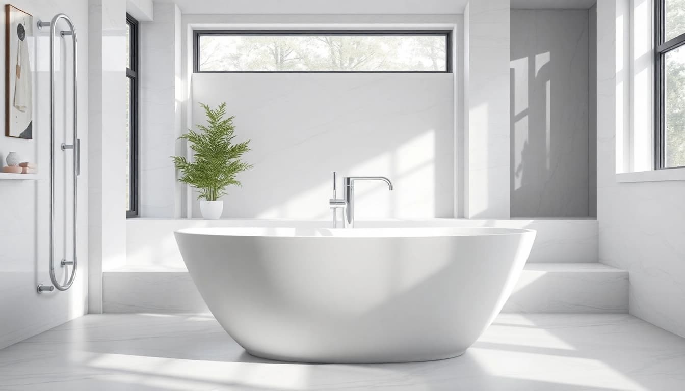 Transforming bath reconstruction with modern fixtures and a freestanding tub in a serene setting.