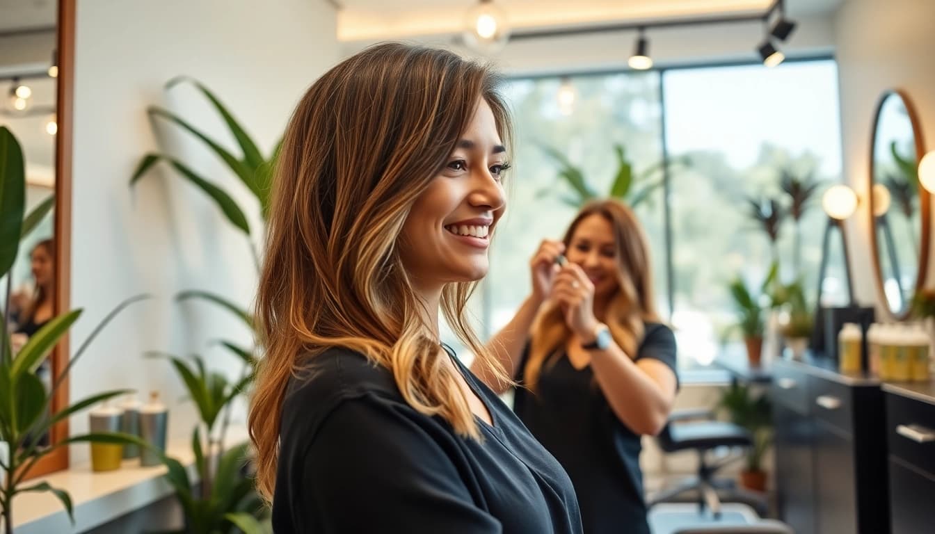 Aveda salon San Diego showcasing a stylist applying highlights in a chic, eco-friendly environment.