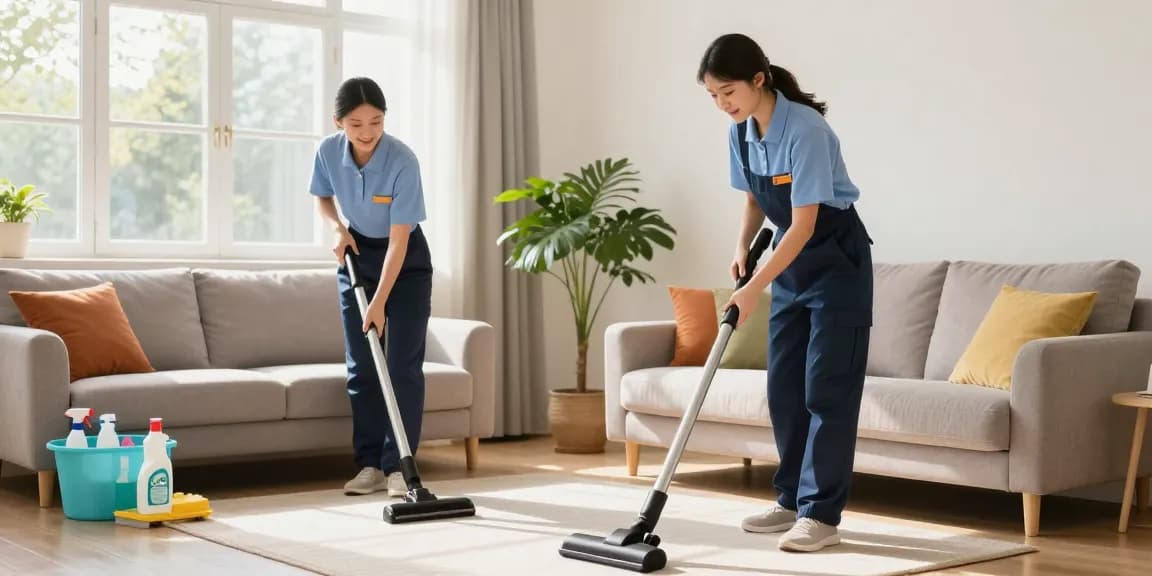 Expert wohnungsreinigung bern team cleaning a bright living room, showcasing eco-friendly products and a modern home atmosphere.