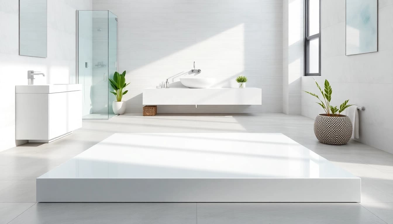 Showcase of an elegant 800 x 800 shower base in a modern bathroom setting with soft lighting.