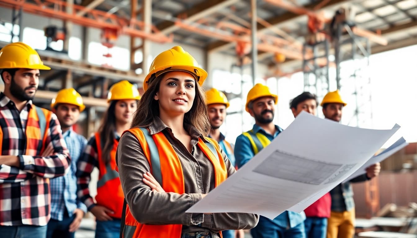 Promoting a construction career, a diverse team engages on-site, showcasing collaboration and professionalism.