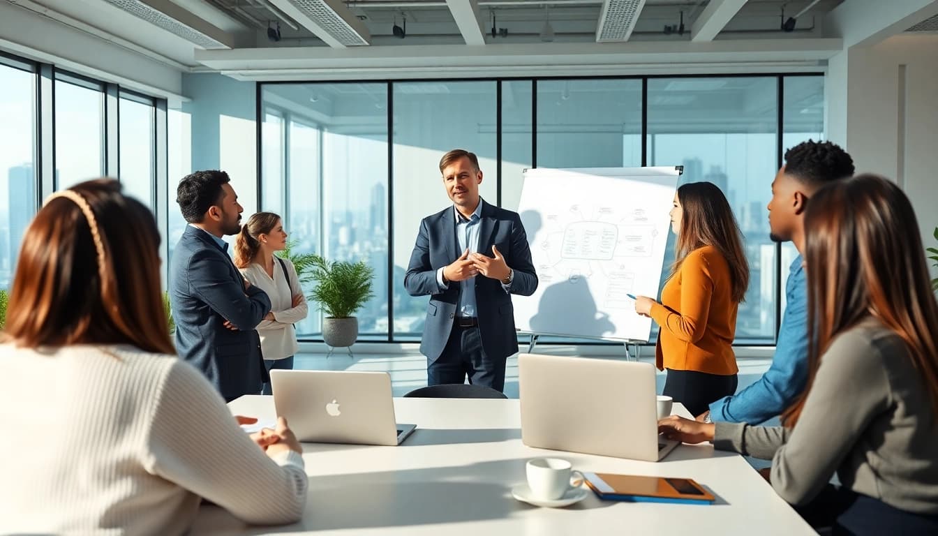 Empowering leadership coach engaging clients in a vibrant office setting.