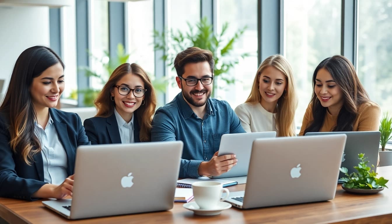 Engaging uk eta online application process in a modern office setting with diverse individuals focused on their tasks.