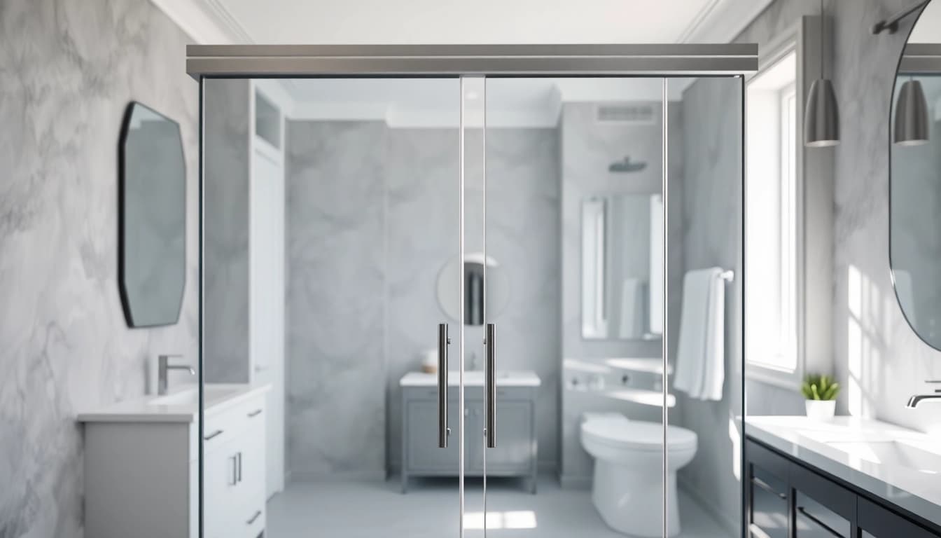 Show elegant shower doors sliding open, enhancing a modern bathroom's appeal.