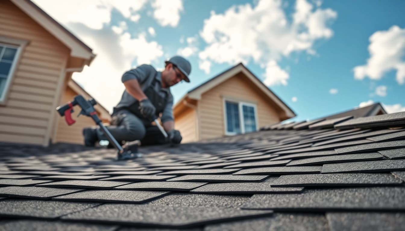 Roofing contractor installing shingles on a residential home with a partly cloudy sky.