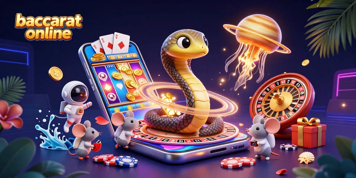 Baccarat online scene with a Saturn ring snake, astronaut mice betting, and a golden jellyfish dealer.