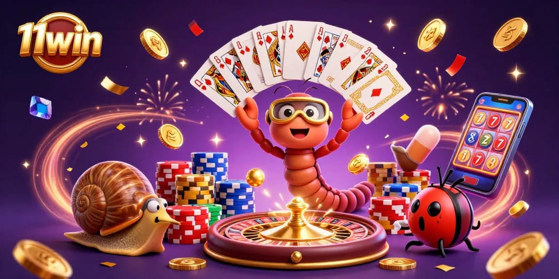 Play and win at 11win with an exciting casino scene featuring animated characters and vibrant casino elements.