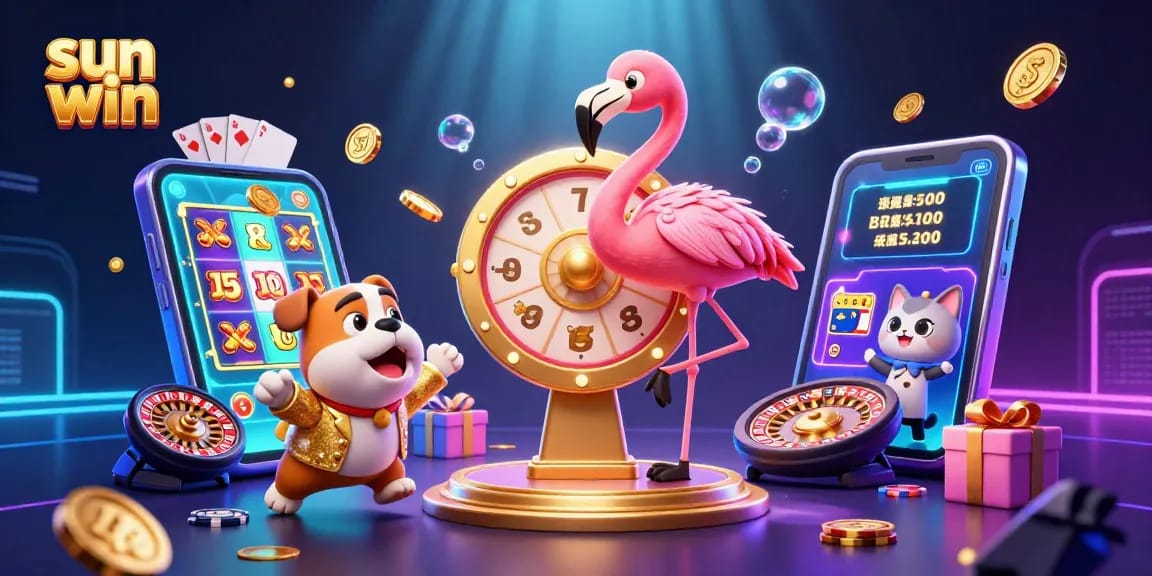 Experience the excitement of sun win with a flamingo game show host and vibrant casino elements.