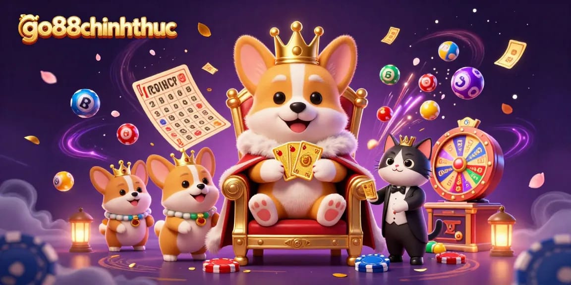 Engage with go88chinhthuc's vibrant casino adventure featuring a royal corgi and exciting game elements.