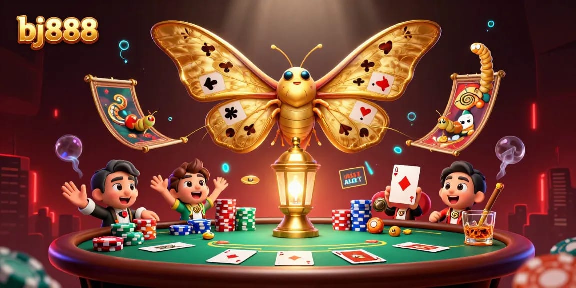 Experience thrilling poker action with bj888 showcased in a vibrant 3D illustration featuring a mystical moth and casino elements.