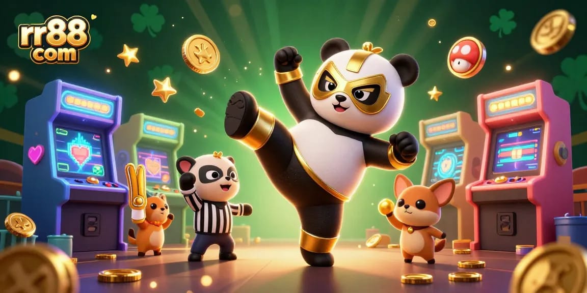 Engage in lively games at rr88 com featuring a panda wrestler and referee in a colorful casino scene.