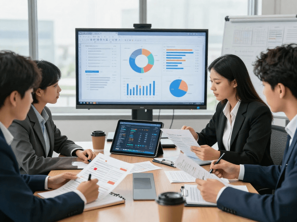 Document fraud detection analysis with professional team examining potential fraud signs in office.