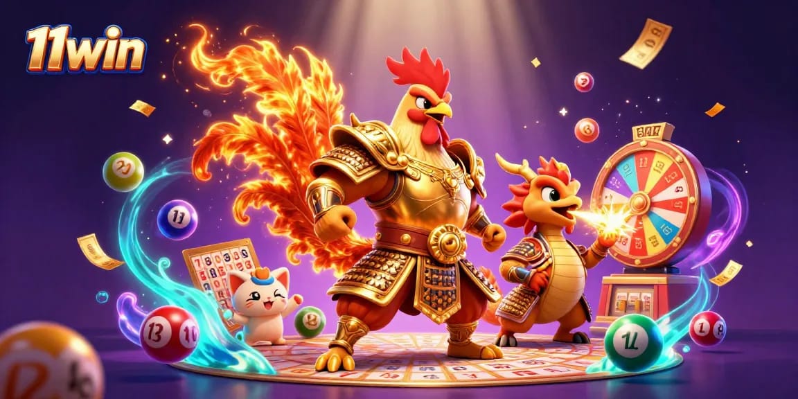 Engage with 11win's dynamic world of chance featuring vibrant characters and lottery elements.