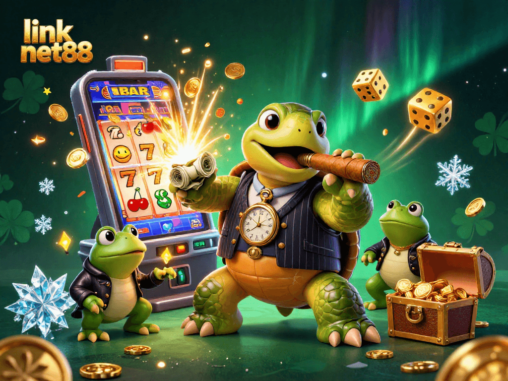 Join the fun at link net88, with a cartoon turtle in a casino scene bursting with excitement.