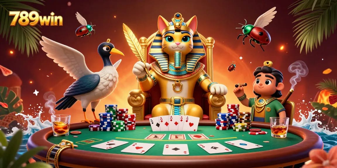 Experience the vibrant energy of 789win, where a pharaoh cat oversees a thrilling poker game with abundant action and color.