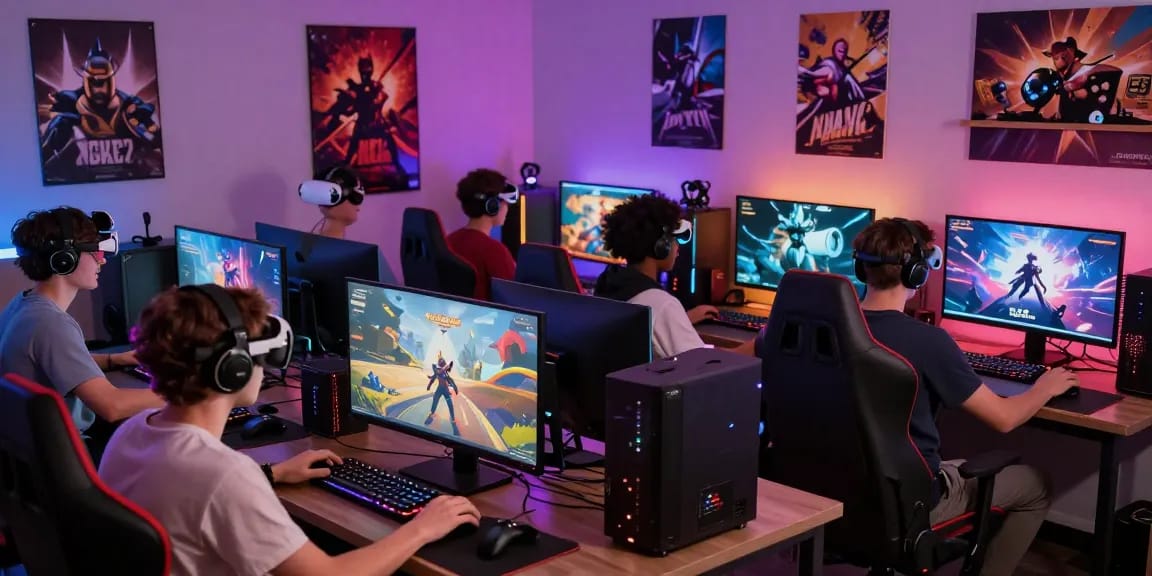 Diverse group enjoying an adult game in a cozy gaming room, surrounded by digital art and gaming accessories.