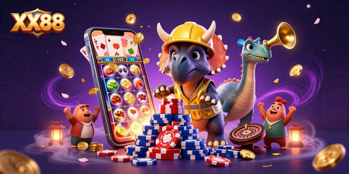 Experience exciting games at XX88 with vibrant slot displays and cheerful characters celebrating wins.