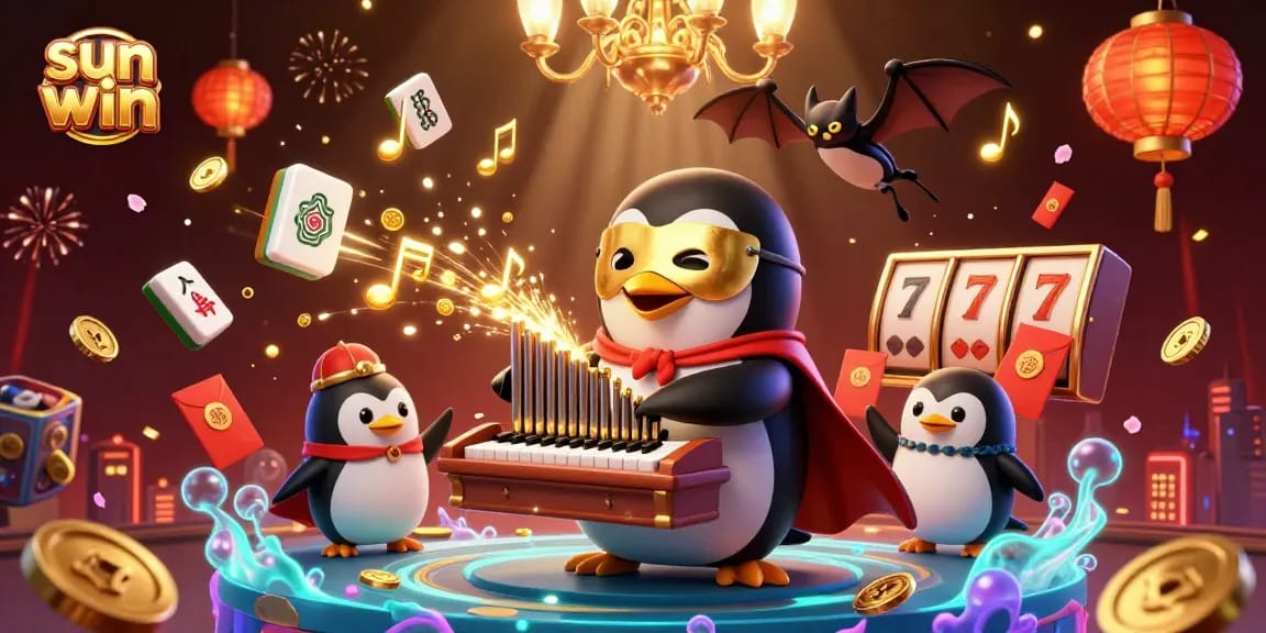 Experience the thrill of the sun win as the penguin plays, coins fly, and jackpots await in this vibrant casino scene.