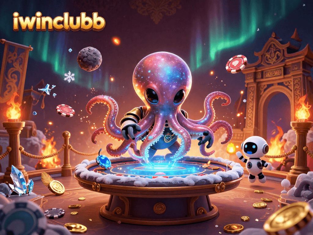 Experience thrilling action with iwinclubb as an alien octopus plays poker at a holographic table.