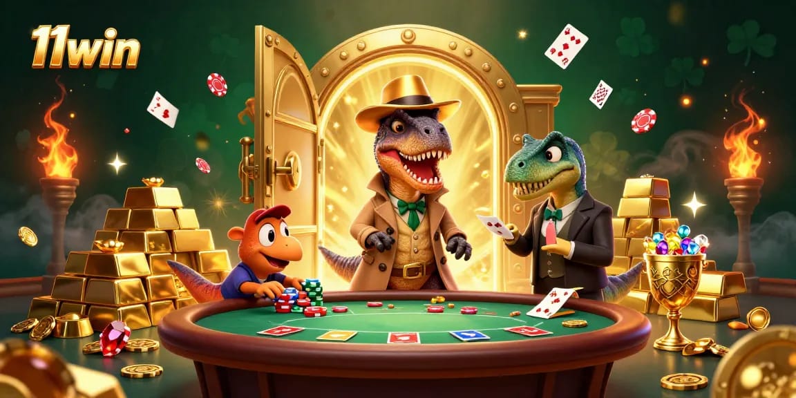 Experience thrilling blackjack action at 11win with velociraptor card counters and vibrant casino elements!