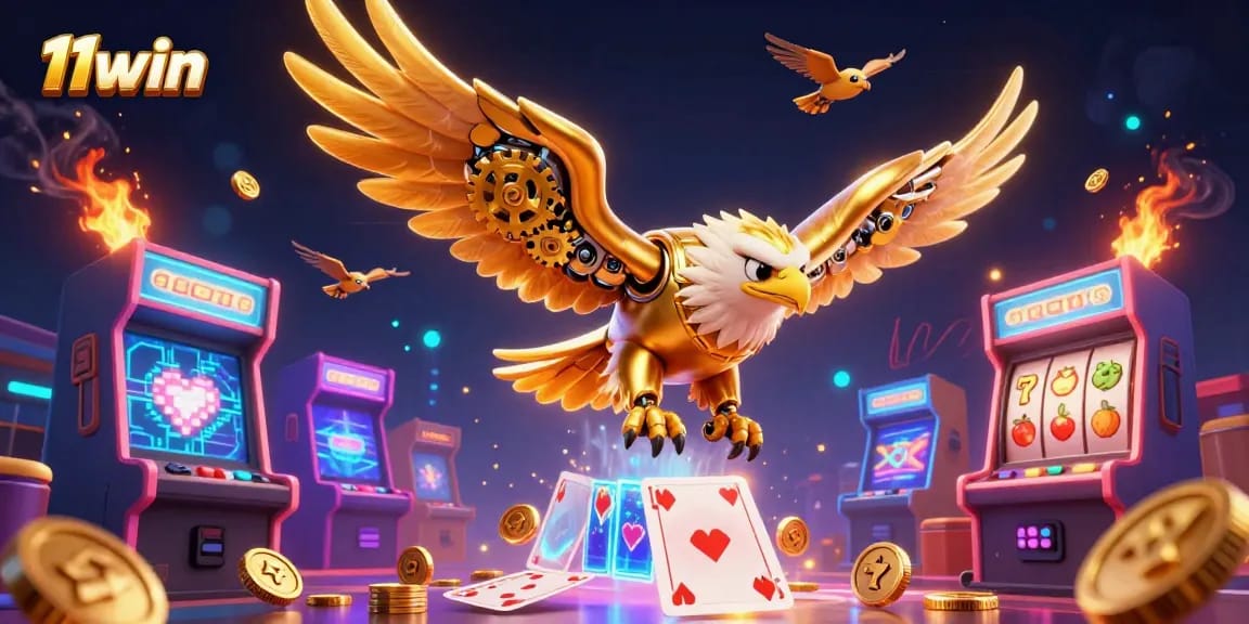 Experience 11win's thrilling adventure with a cybernetic eagle amidst vibrant casino elements.