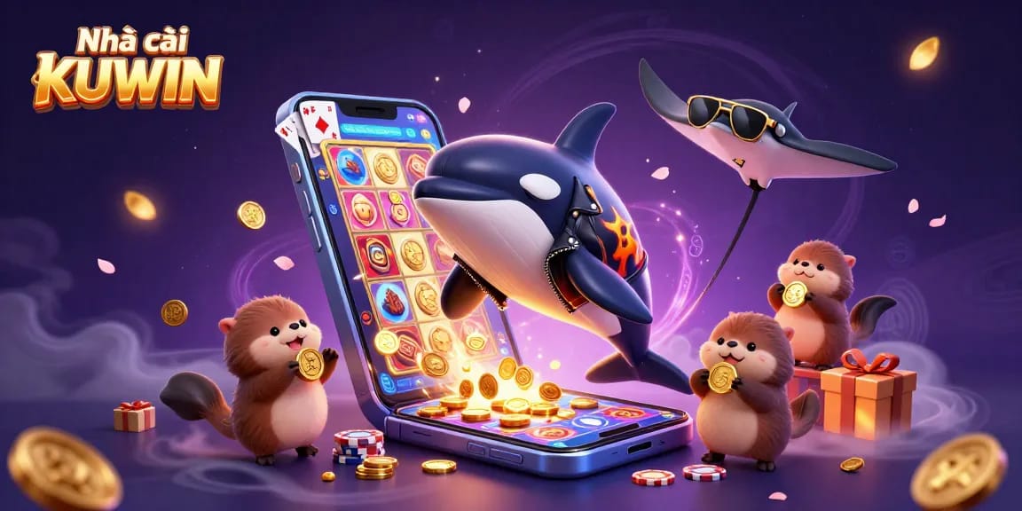 Engage with Nhà cái KUWIN's vibrant online casino illustration featuring 3D characters and gambling elements.