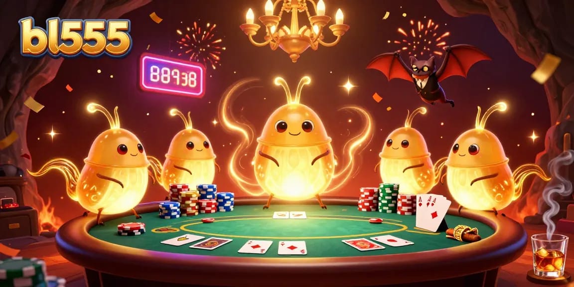 Experience the thrilling atmosphere of bl555's casino with vibrant glowworms and exciting poker action.