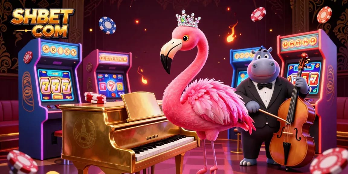 Engage with SHBET COM's vibrant casino scene featuring a flamingo singer, hippo bassist, and dynamic gaming elements.