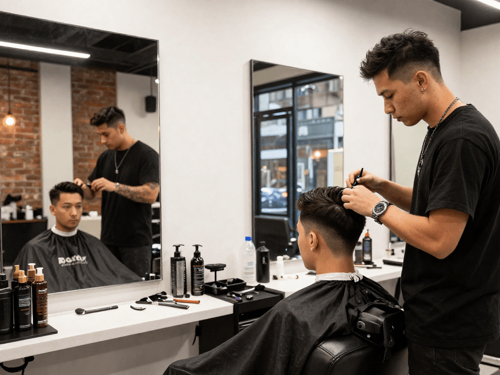 rokok88 login experience with stylish barber cutting hair in a modern shop setting