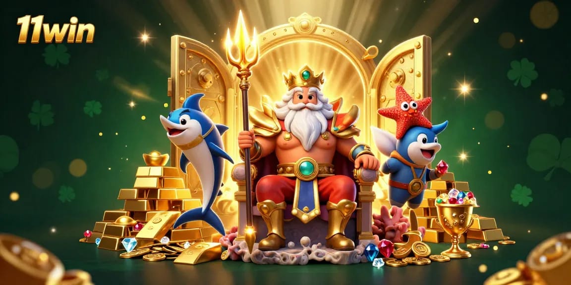 Experience thrilling wins with 11win as Neptune and his allies celebrate treasure and luck.