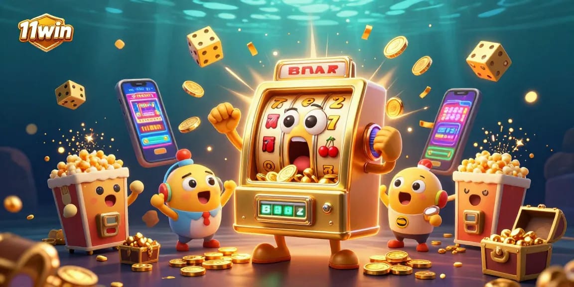 Experience the thrilling excitement of 11win with cartoon slot machines hitting jackpots amidst gold coins.