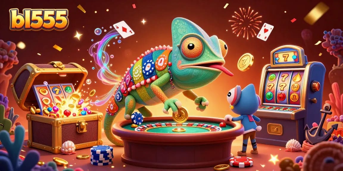 Experience thrilling gameplay with bl555's vibrant casino adventure, featuring a colorful chameleon owner.