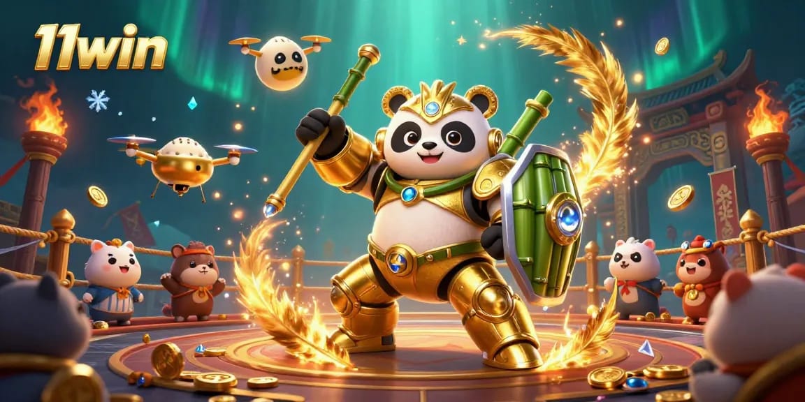 Experience thrilling gameplay at 11win with a vibrant casino showdown featuring a mech-suit panda.