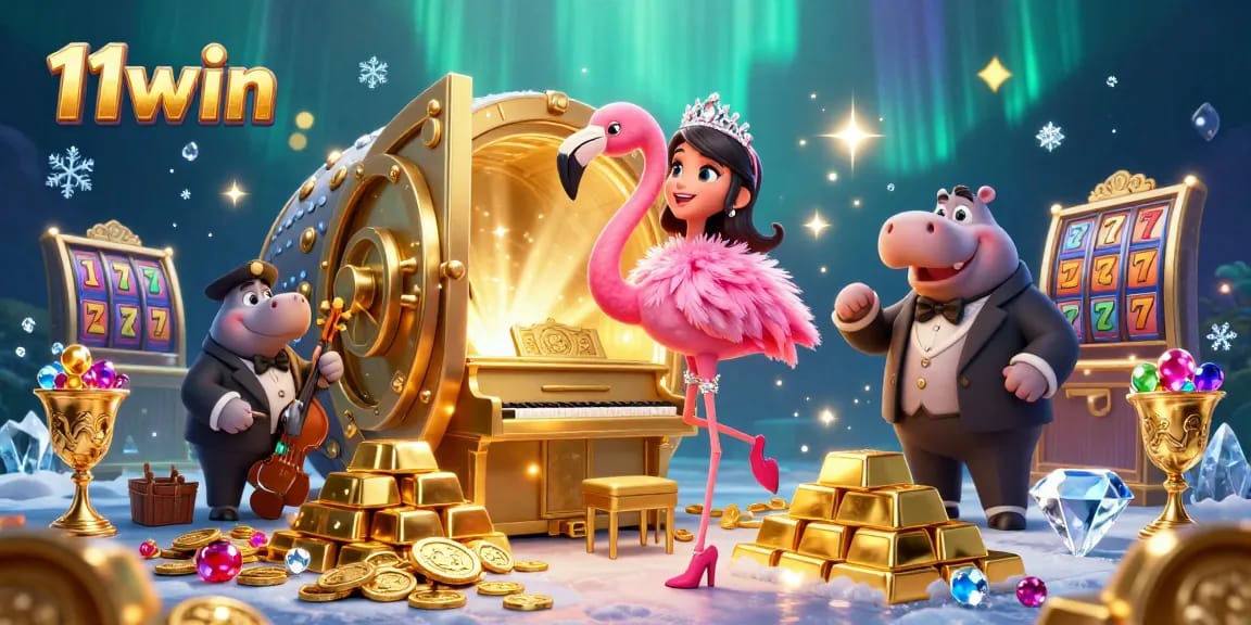 Experience immersive fun with 11win's lavish casino illustration featuring vibrant characters and riches.