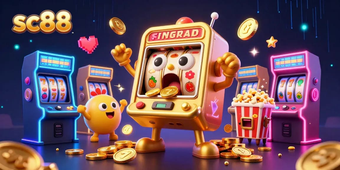 Experience the excitement of sc88 with a golden slot machine hitting a jackpot, coins exploding.