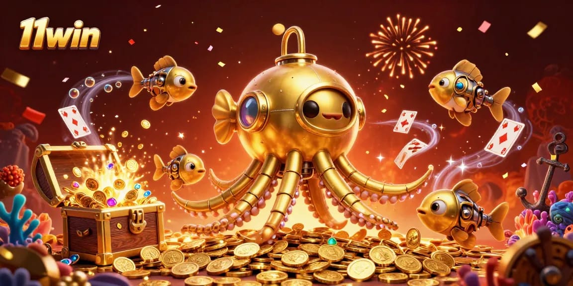 Experience the thrill with 11win's golden kraken submarine amidst rich gaming treasures.