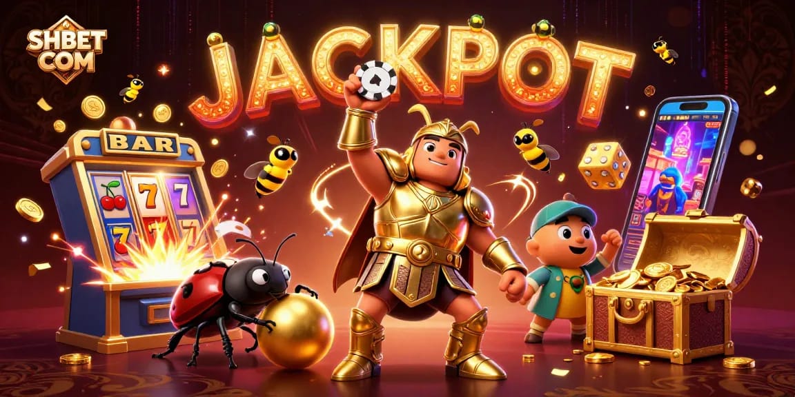 Win big at SHBET COM with vibrant 3D jackpot celebration featuring casino symbols and characters.